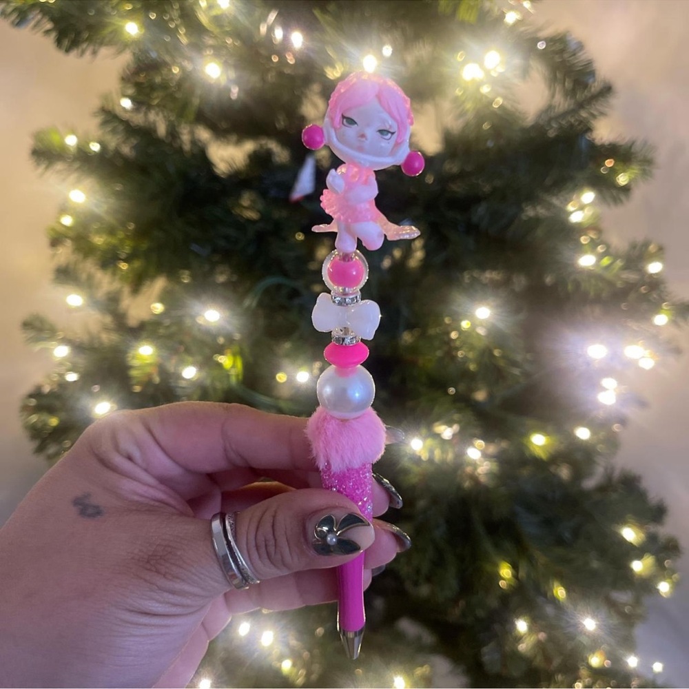 Pink and White Skullpanda Beaded Pen